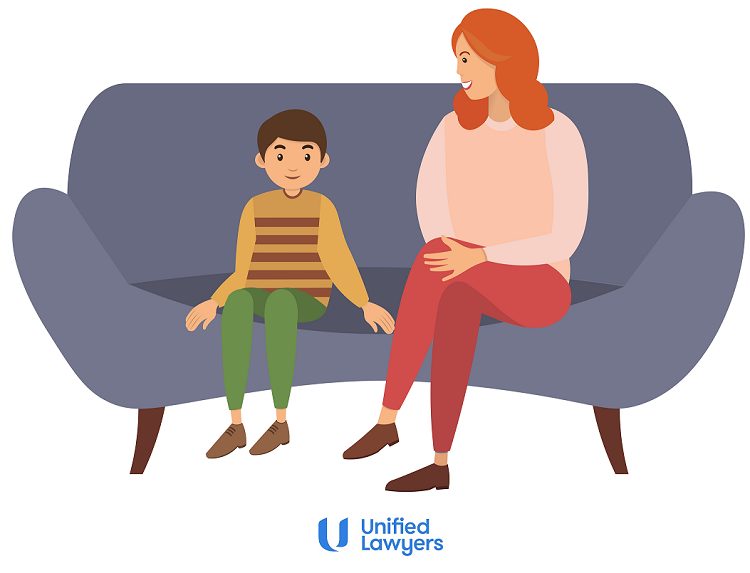 Graphic of Independent children's lawyer talking to child on couch