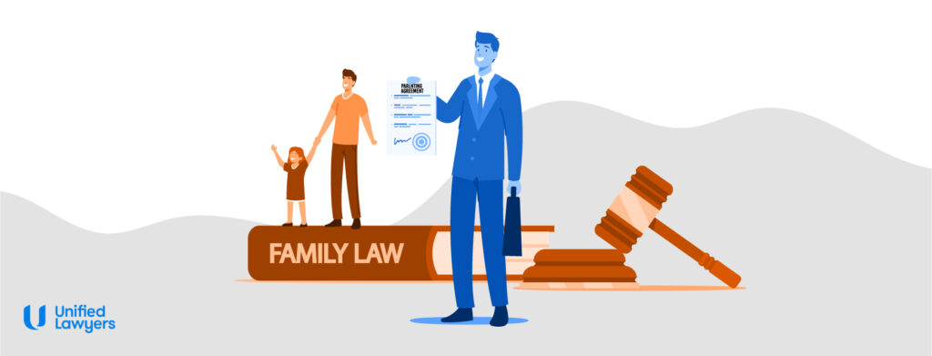 cartoon image of lawyer holding a parenting agreement with a father and daughter in the background.