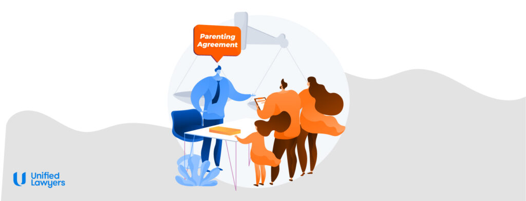 cartoon image of a couple discussing parental responsibility and parenting arrangements with a lawyer.